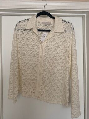 LOFT Cream Textured Button-Up Blouse NWT Size oL